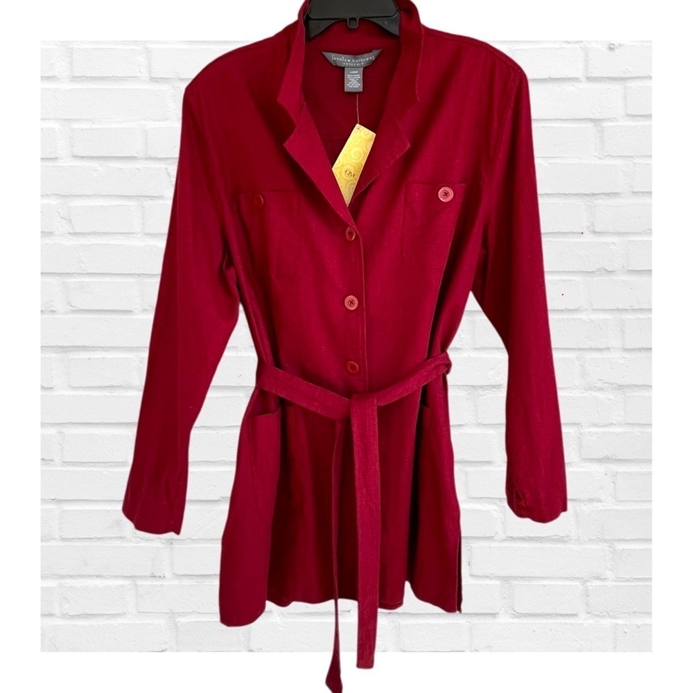 Jessica Holbrook Vintage Red Belted Trench Linen Blend Jacket Lightweight Large